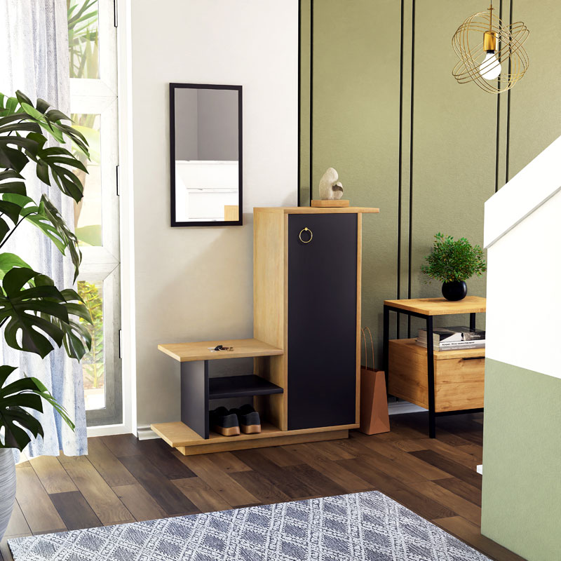 Entrance furniture with mirror Ceel pakoworld in white-walnut color 80x29.5x90cm - Image 5