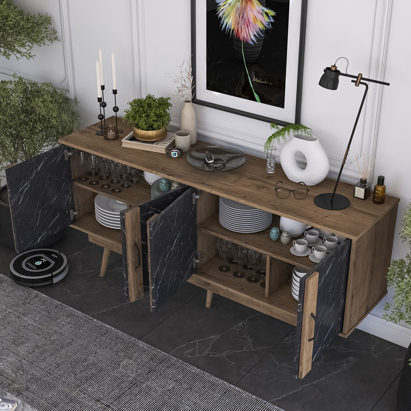 Buffet Suckie I pakoworld walnut-black marble look melamine-walnut pp leg 180x45x82.6cm - Image 2